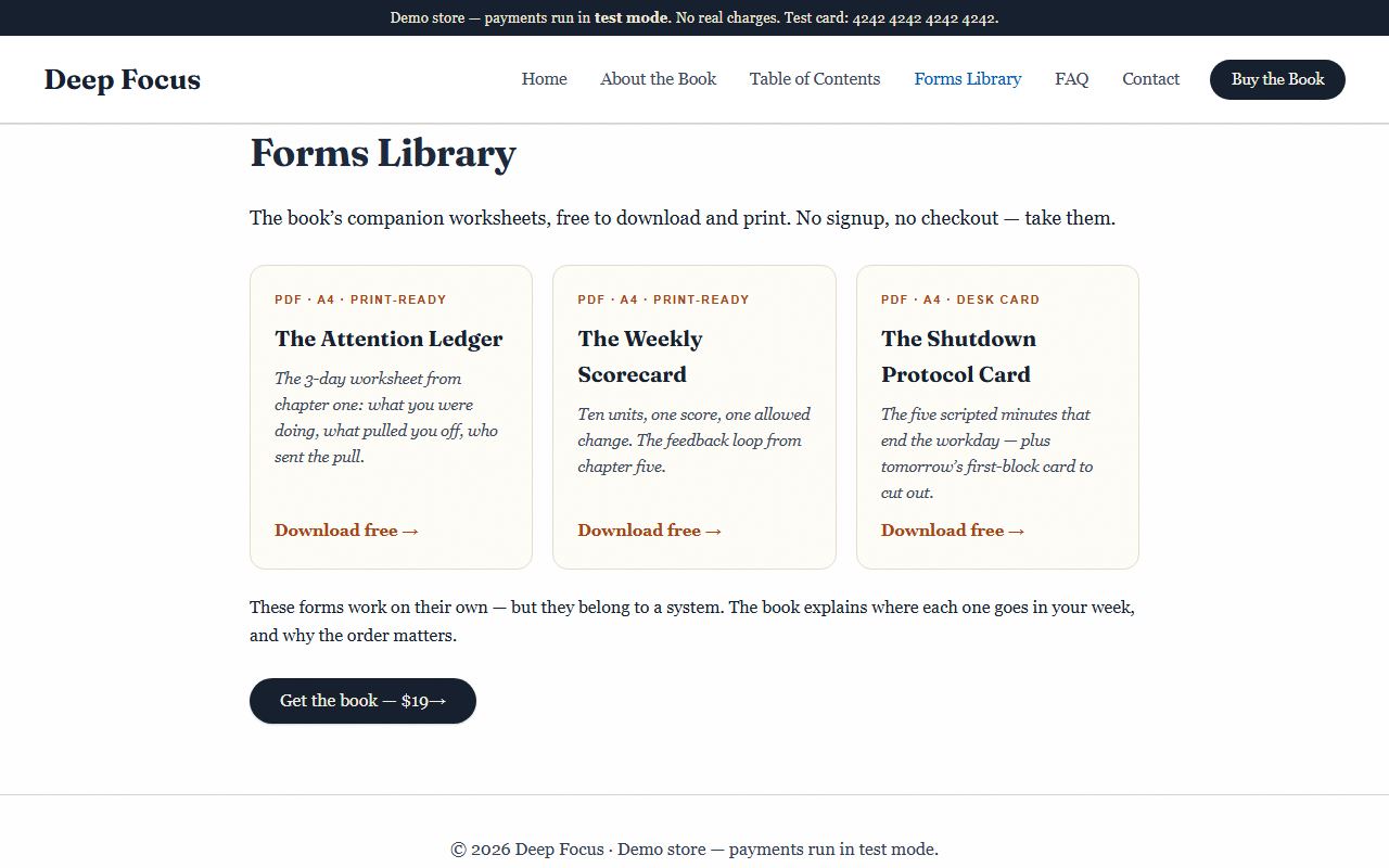 Forms library page listing three free printable PDF worksheets.