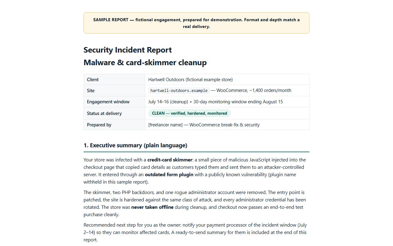 Sample written report with severity-tagged findings, a timeline and actions taken.