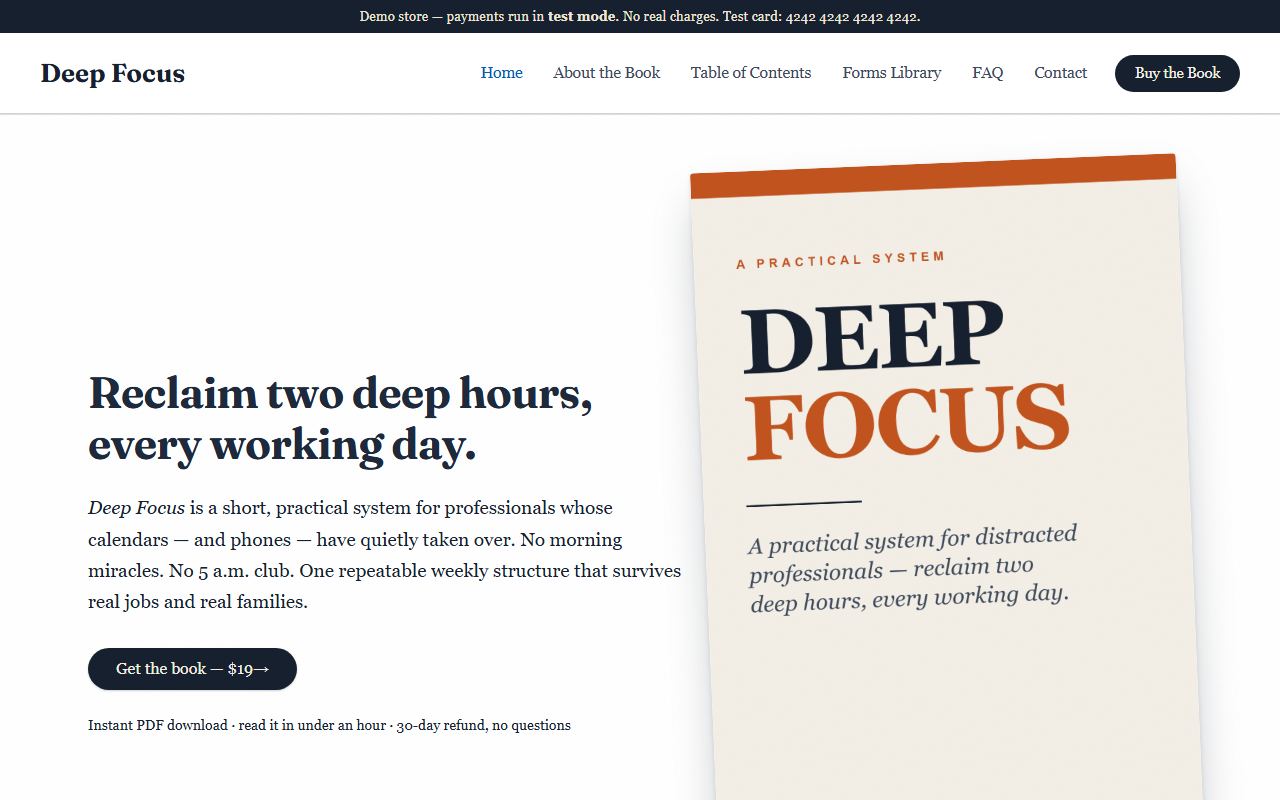 Home page of the demo eBook store: large headline, book cover and a buy button.